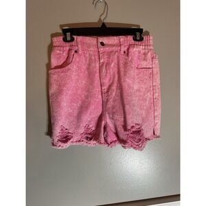 Paperbag Distressed Denim Shorts Pink Acid Wash Cut Off Raw Hem High Waist